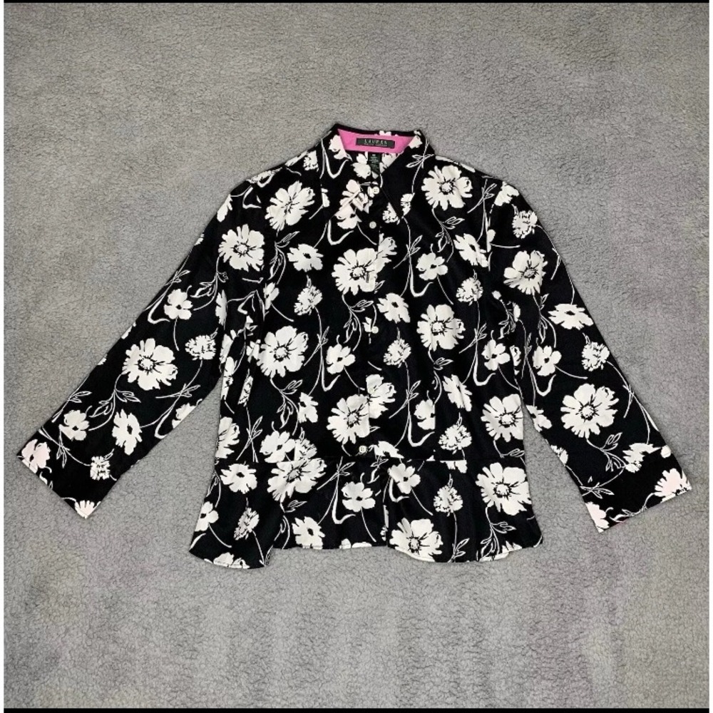 LRL Ralph Lauren Top 10 Ruffled Bottom Blouse Black White Floral Pink Trim Artsy